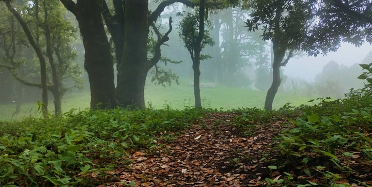 Leaf-covered forest trail leading through misty trees and lush green undergrowth