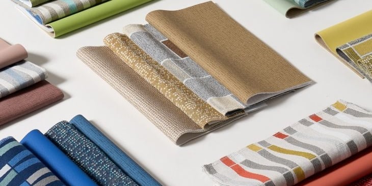 A collection of colorful patterned textile swatches and fabric samples for interior design and upholstery.