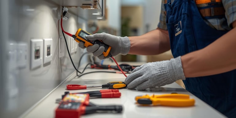 Electrician repairing electrical circuits in Dubai home interior