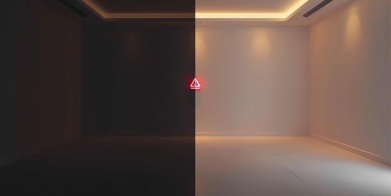 Dubai modern living room half dark and half lit, with glowing red emergency sign in the center, symb