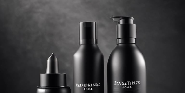 A close-up of skincare products arranged neatly with a male influencer in the background.