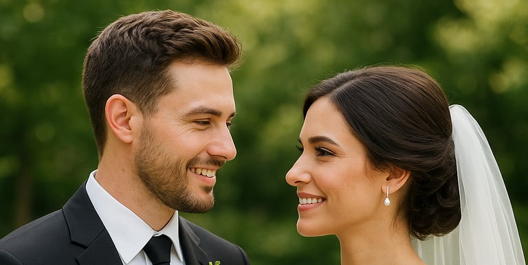 A newly married couple smiling together at their wedding.