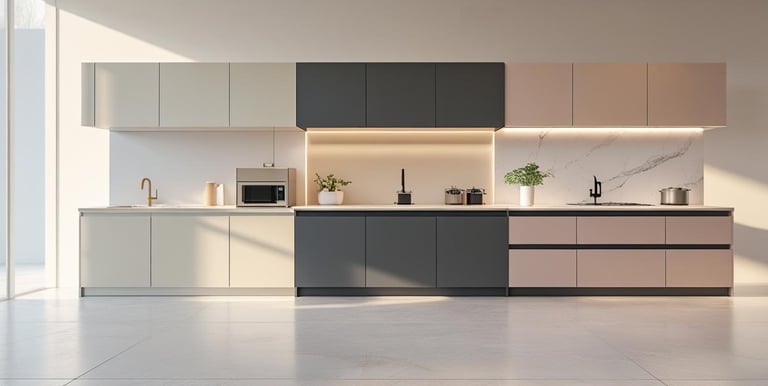Three modern kitchen setups showing basic, modern, and luxury renovation styles.