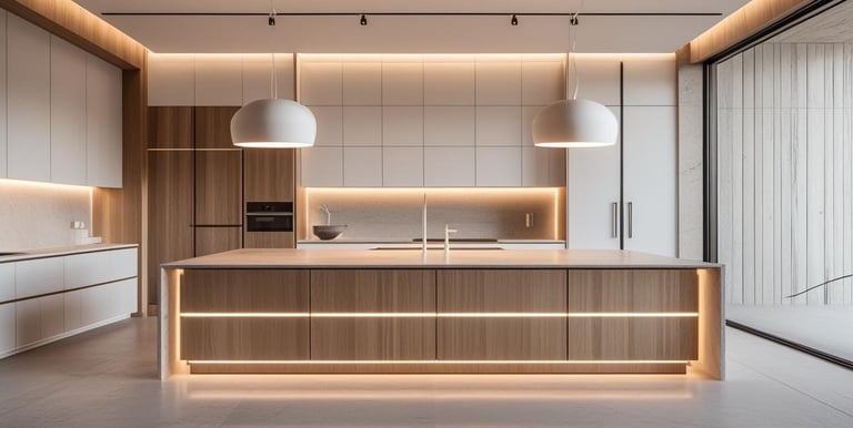 Modern kitchen with pendant lights, under-cabinet LEDs, and ceiling spotlights in a bright, stylish