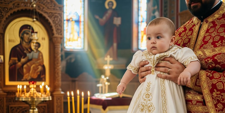 A baby in a white gown at their baptism ceremony.