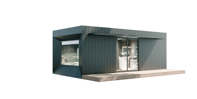 a small house with a large window and a small window