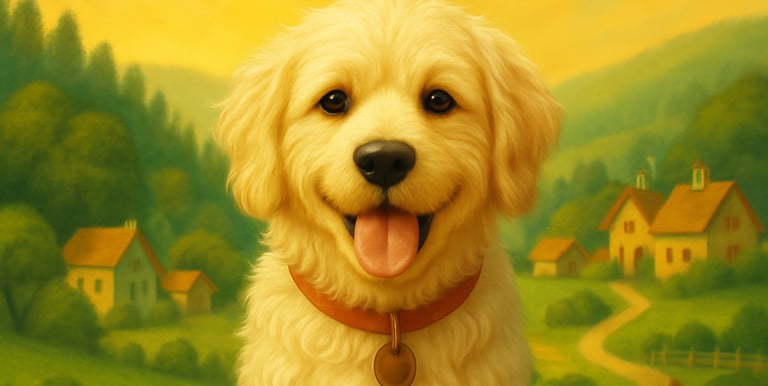 a golden doodle dog sitting on a hill