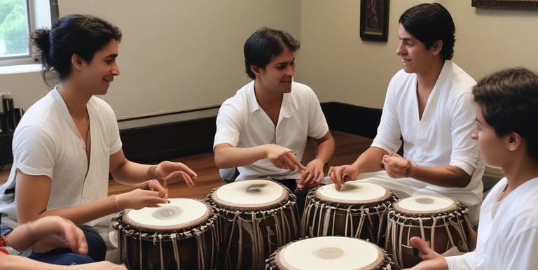 A serene classroom setting with students engaged in tabla practice under soft natural light.