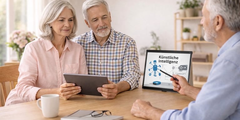 Persönliches Coaching zuhause für verständliches Lernen digitaler Themen in kleiner Gruppe (KI-Bild