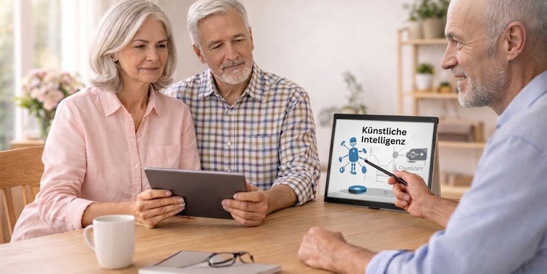 Coach beim Unterricht zuhause bei älterem Paar 