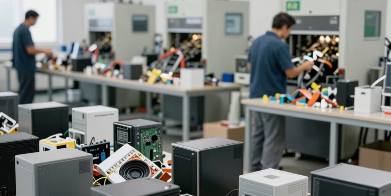 A modern recycling facility with workers sorting electronic waste in Modinagar.