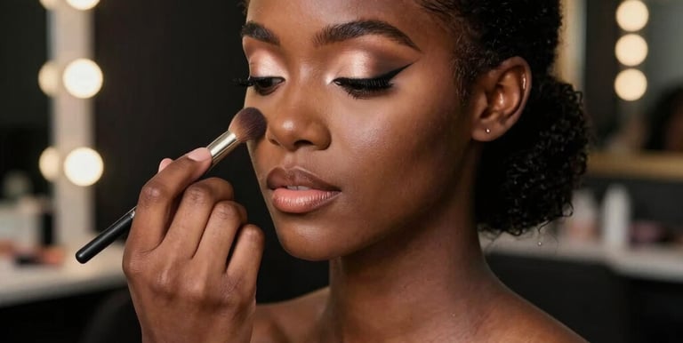 A vibrant photo showcasing expertly applied makeup highlighting natural beauty with gold and black accents.