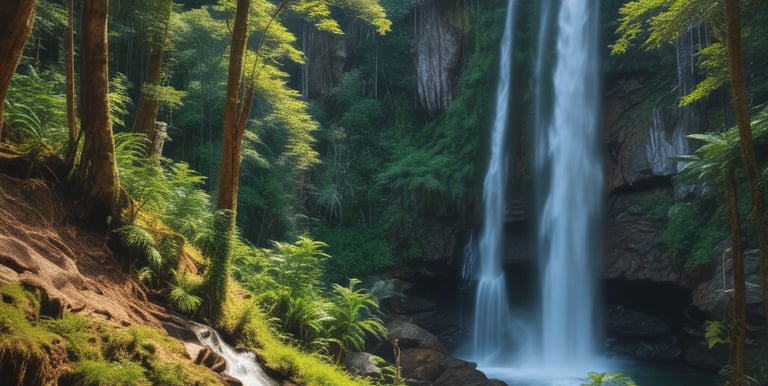 A cozy wooden cabin nestled among tall trees at Hobbiton Lodge during golden hour.