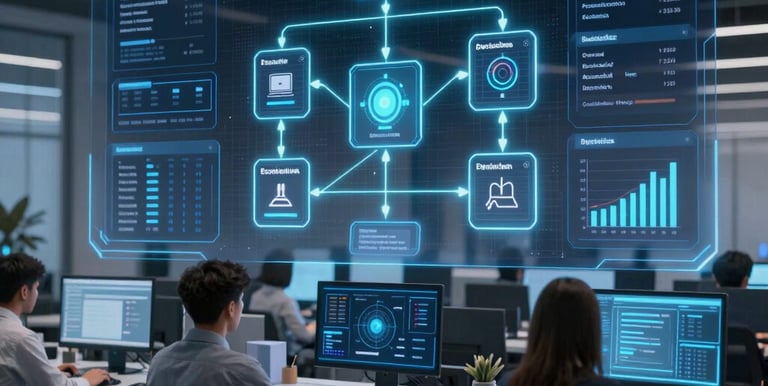 A business owner happily interacting with an AI assistant on their smartphone in a bright office space.