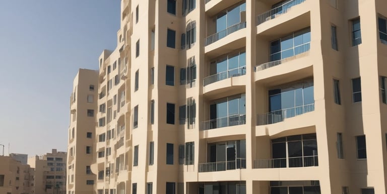 A modern apartment building with balconies and greenery around