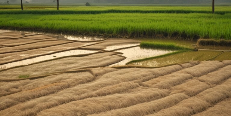 Workers inspecting rice quality in a clean, well-lit milling facility.