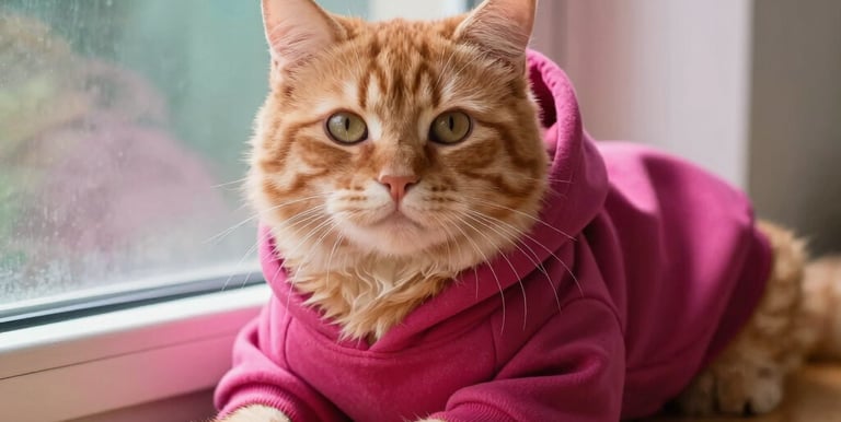 Adorable orange tabby cat wearing a pink hooded sweatshirt while sitting on a wooden window sill.