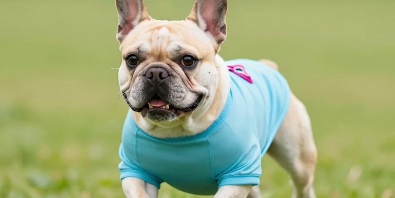 A cream-colored French Bulldog wearing a blue dog shirt runs through green grass in a park.