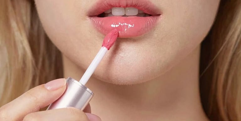 Glossy red lip gloss applied on smooth lips reflecting light.