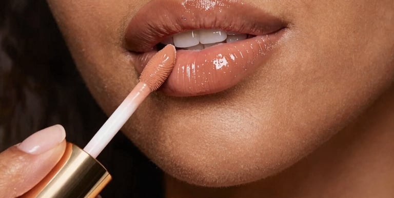 Close-up of a shiny, soft pink lip gloss tube with a subtle shimmer.