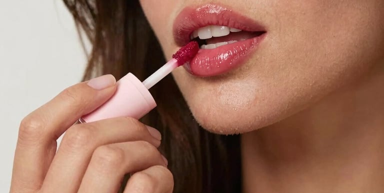 Close-up of a shiny, soft pink lip gloss tube with a subtle shimmer.