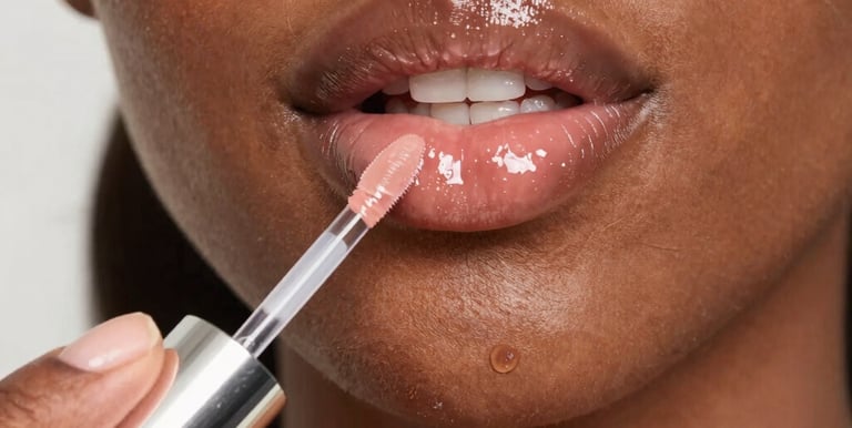 Glossy red lip gloss applied on smooth lips reflecting light.