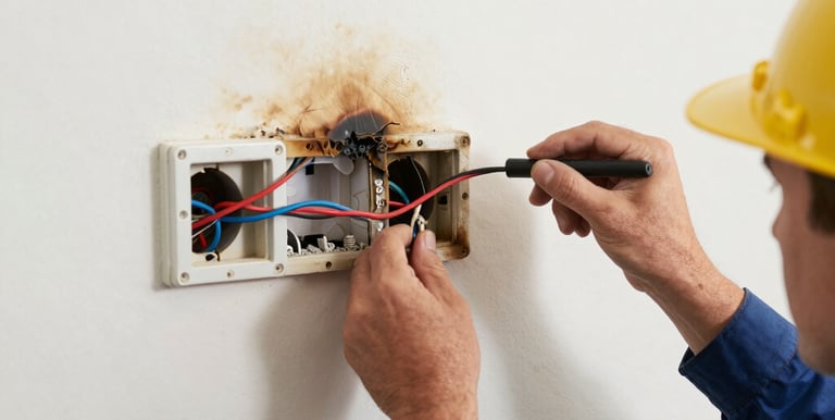 Hands of an electrician repairing an electrical panel with tools and safety gloves.
