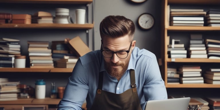 A professional accountant working on financial documents with a laptop and calculator on a clean white desk.