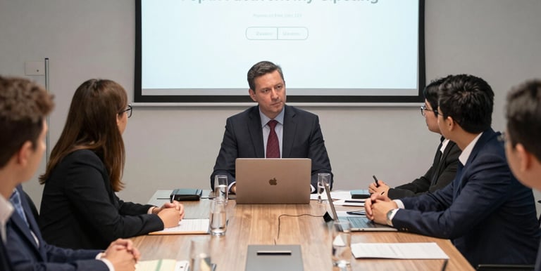 A business executive leads a corporate board meeting with a projector presentation in a modern office.