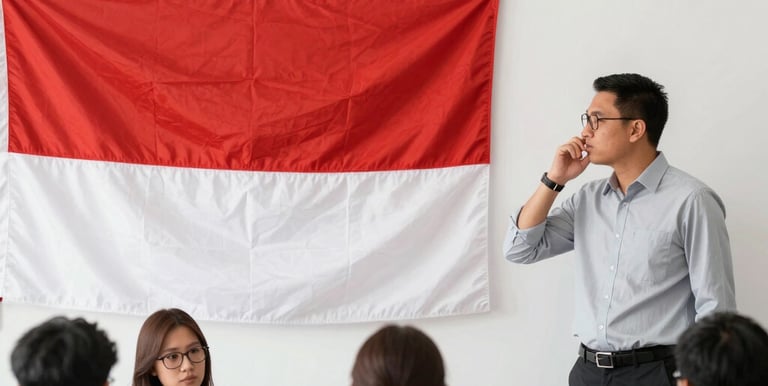 Indonesian business team in a meeting with a large Indonesia flag displayed on the wall.