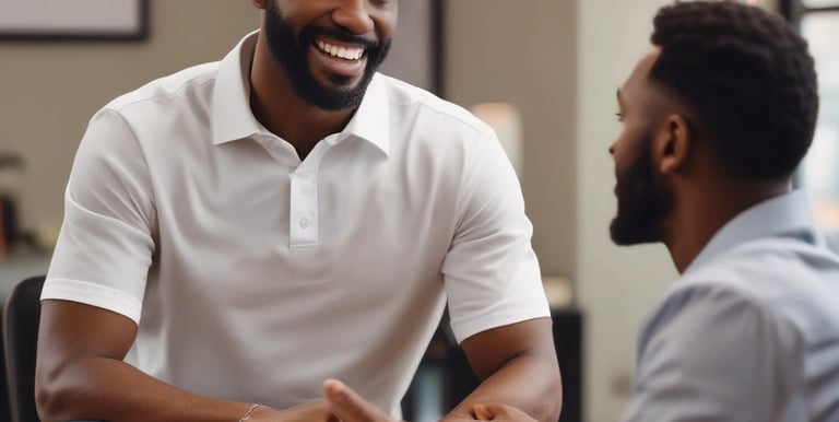 A warm, inviting coaching session with a smiling African American mentor and client sharing ideas.