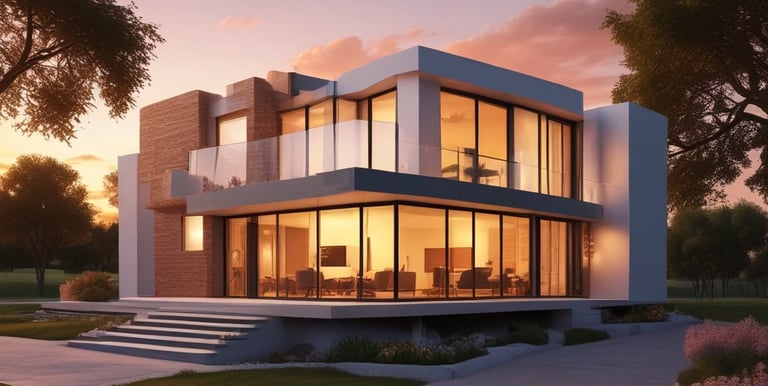 A sleek 3D architectural rendering showcasing modern geometric design in dark teal and sage green tones.