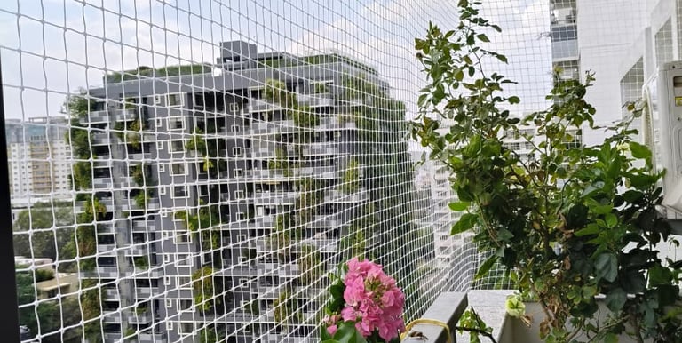 Close-up of a freshly installed pigeon safety net on a balcony in HSR Layout.