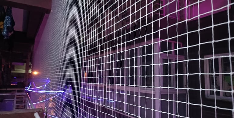 Technician carefully fitting a pigeon net around a window frame in a Bengaluru apartment.