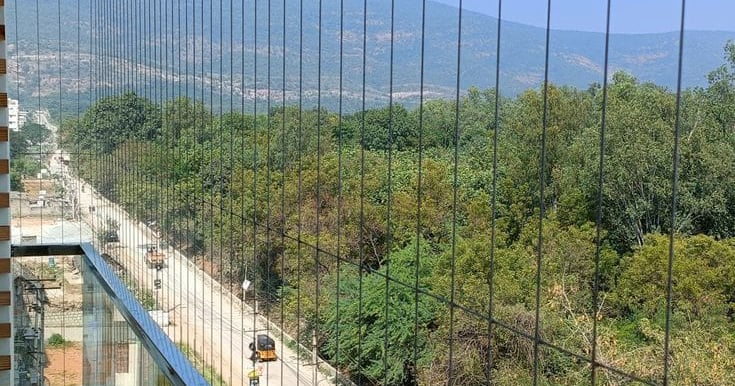 Close-up of sleek invisible grills installed on a sunny Bengaluru balcony with plants.