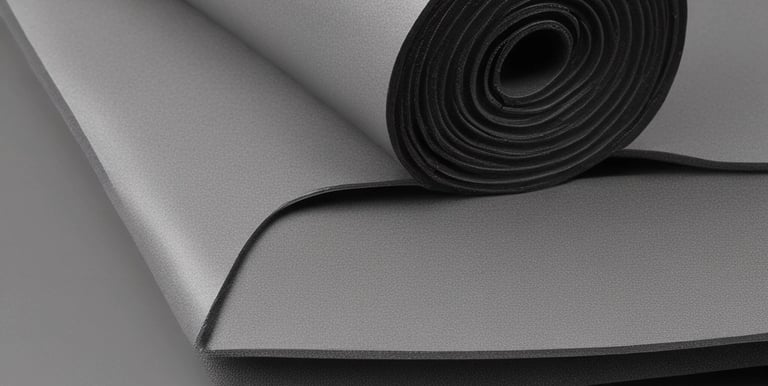 Close-up of NBR and EPDM rubber foam rolls stacked in a warehouse.