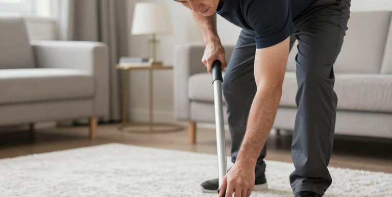 Close-up of a professional cleaning a colorful rug with specialized equipment in a bright living room.