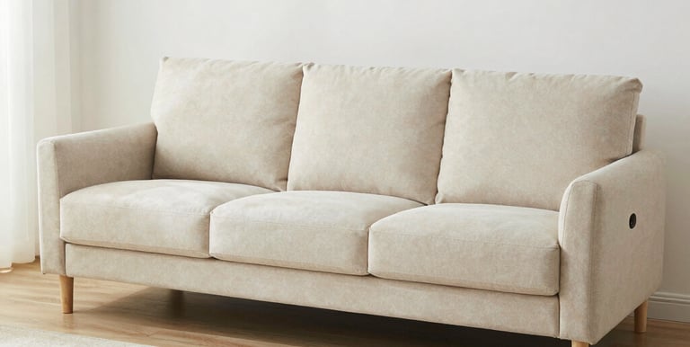 Before and after shot showing a sofa transformed from stained to spotless in a modern Geneva apartment.