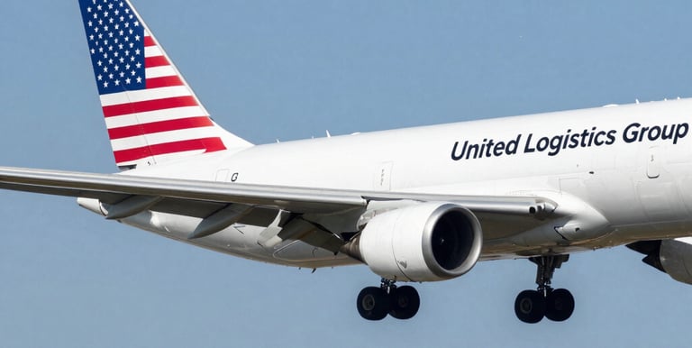 An airplane taking off from Miami airport with freight containers ready for air shipment.