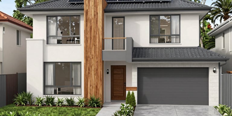 A bright, modern apartment complex surrounded by lush greenery under a clear blue sky.