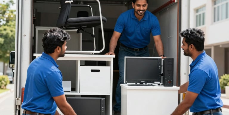 A bright orange and blue moving truck loaded and ready to depart from a home driveway.