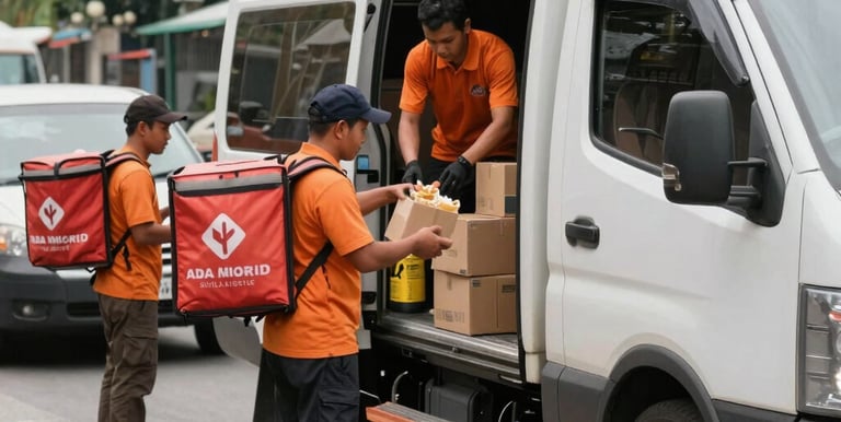 A logistics team loading halal food packages into delivery trucks ready for cross-border distribution.