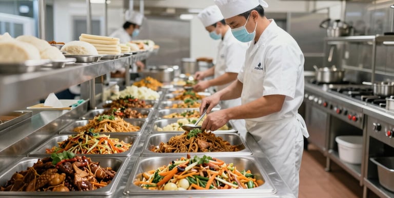 A bustling central kitchen with chefs preparing halal meals in a clean, modern environment.