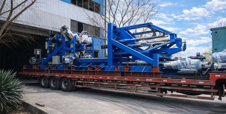 Sund Birsta wire rod bundling machine loaded on flatbed truck, industrial steel strapping equipment