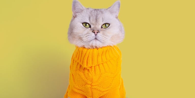 Un gato British Shorthair de color gris con un sueter tejido amarillo sobre fondo amarillo 