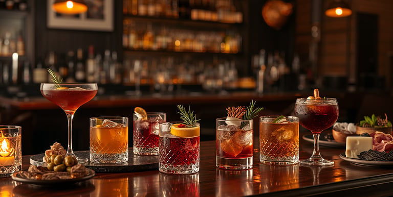 Selection of craft cocktails and appetizers served on a dark wood bar in a dimly lit lounge.