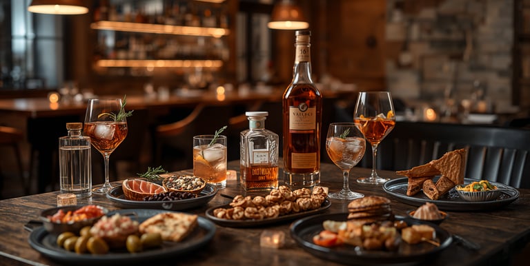Elegant gourmet appetizers and craft cocktails served on a rustic wooden table in a dimly lit restaurant bar.