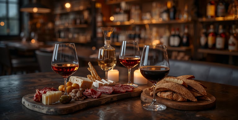 Gourmet charcuterie board with wine glasses, artisan cheeses, and cured meats in a dim restaurant.