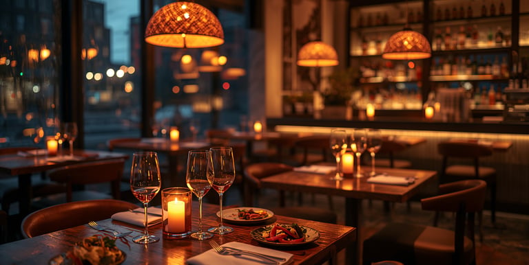 Elegant restaurant dining room with warm candlelit tables, wine glasses, and woven pendant lights.