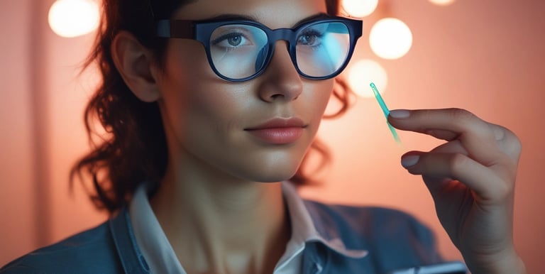 Close-up of hands carefully replacing lenses in an eyeglass frame in a clean lab.